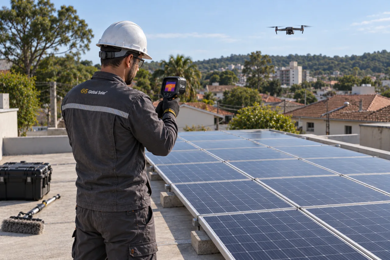 Cena conceitual de técnico com uniforme Global Solar, câmera térmica e drone próximo a painéis solares.