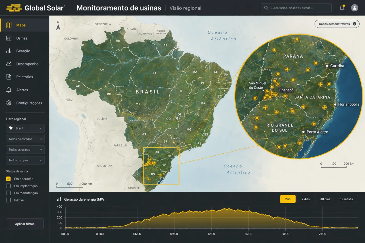 Demonstração de painel Global Solar: mapa do Brasil com destaque para usinas na região Sul.