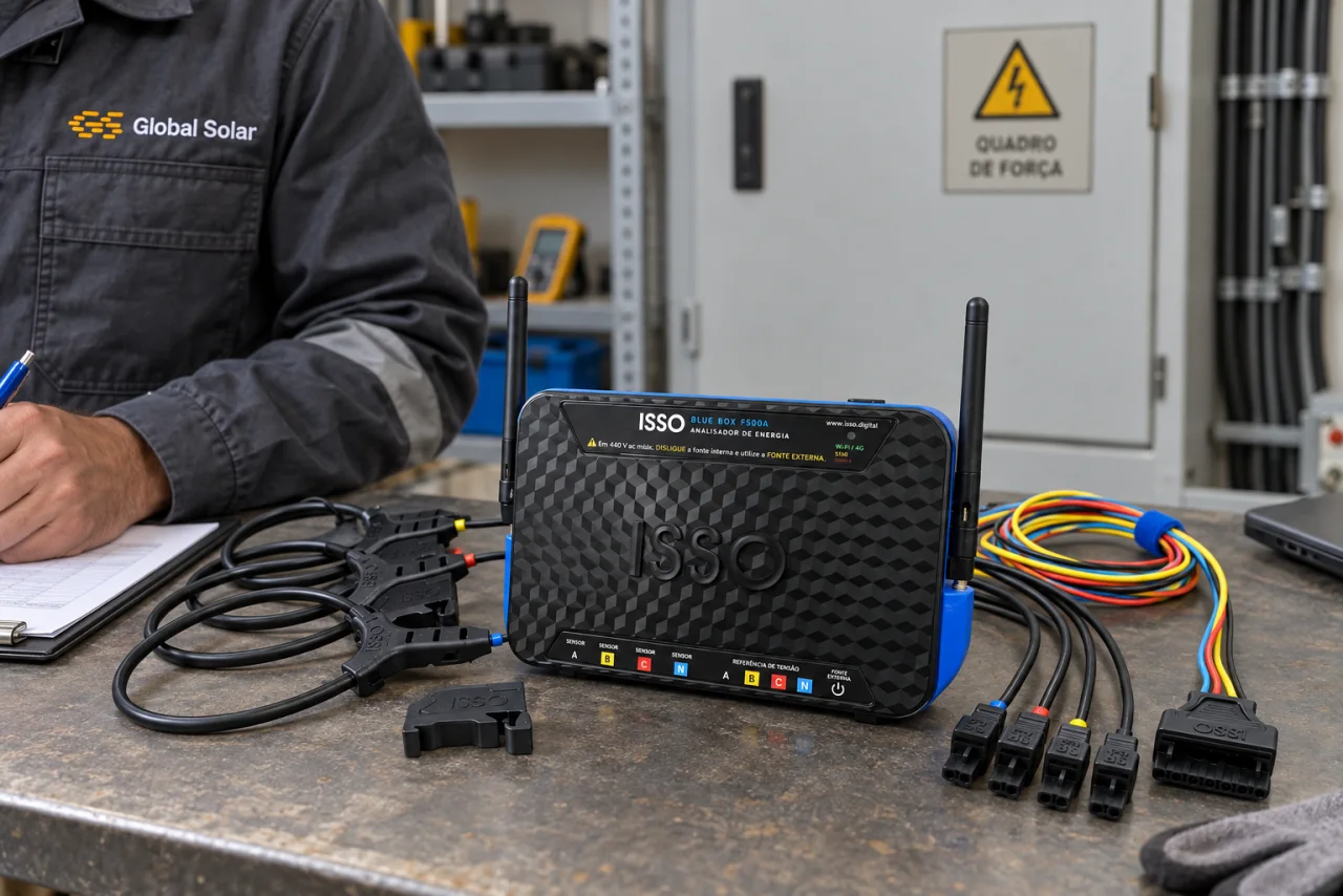 Cena conceitual de técnico Global Solar junto ao analisador ISSO BLUE BOX F500A e suas sondas de corrente.