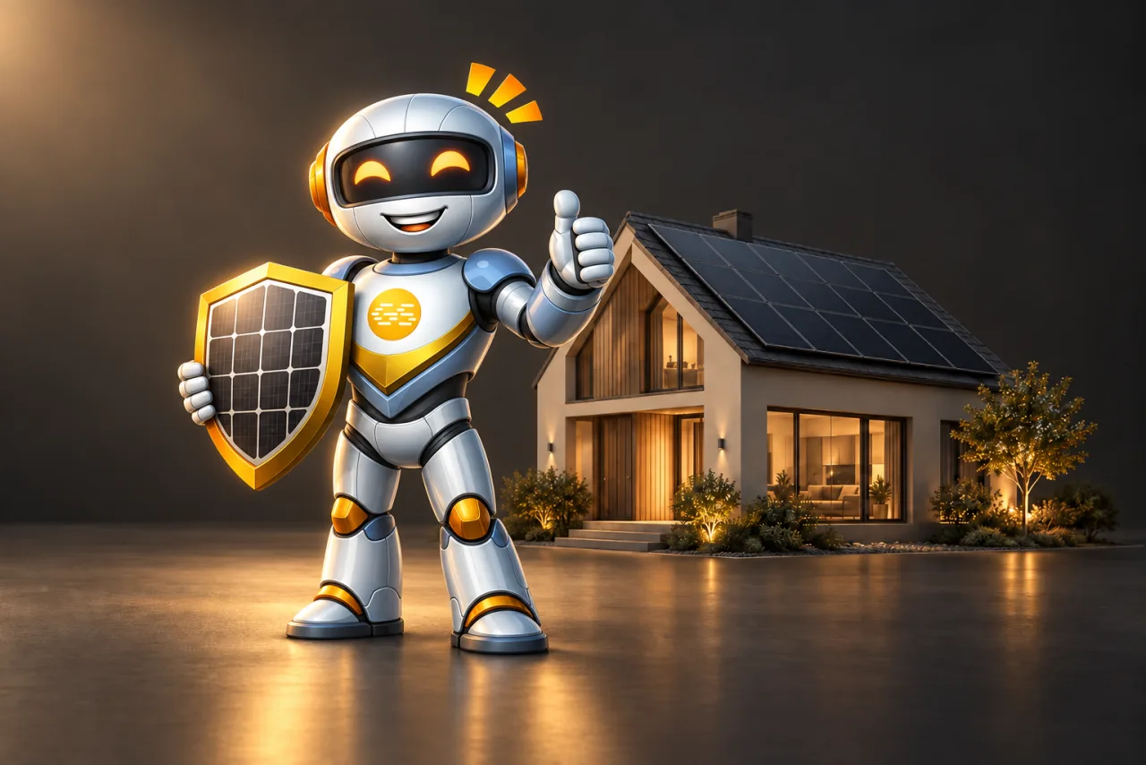 Mascote da Global Solar diante de uma casa com painéis solares, em uma ilustração sobre proteção do sistema.